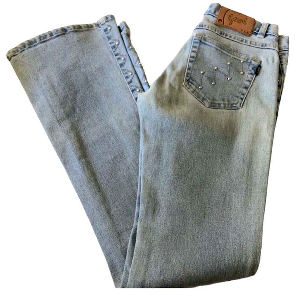 🌞 Yagi vintage Y2K glitter studded bling Jeans Lt Blue mid rise flair women 1